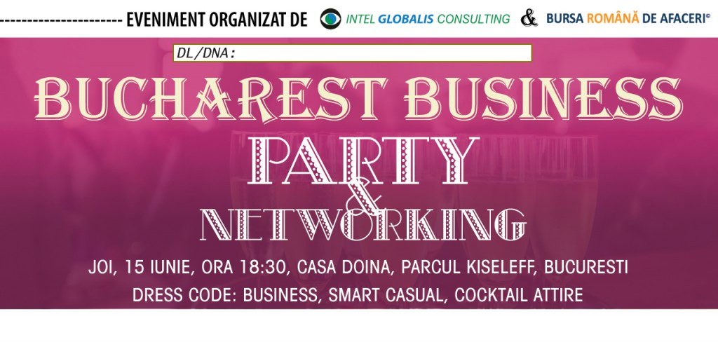 Bucharest Business Party & Networking va avea loc la Restaurantul CASA DOINA situat pe Bd Kiseleff, unul din cele mai luxoase locuri de petrecere a timpului din Bucuresti. X Party & Networking Bucuresti Cluj evenimente afaceri business social antreprenoriat juridic Numar de participanti: 100-150.