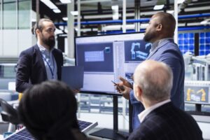 Investor addresses factory management during investment pitch meeting